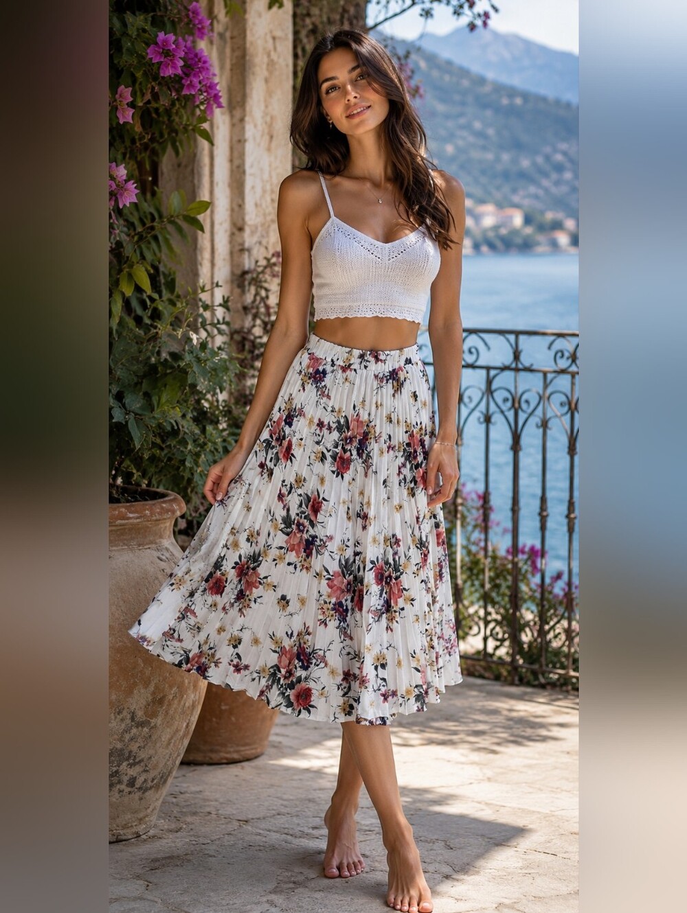 SHEIN XS White Floral Pleated Midi Skirt Lightweight Flowy Spring Summer Skirt